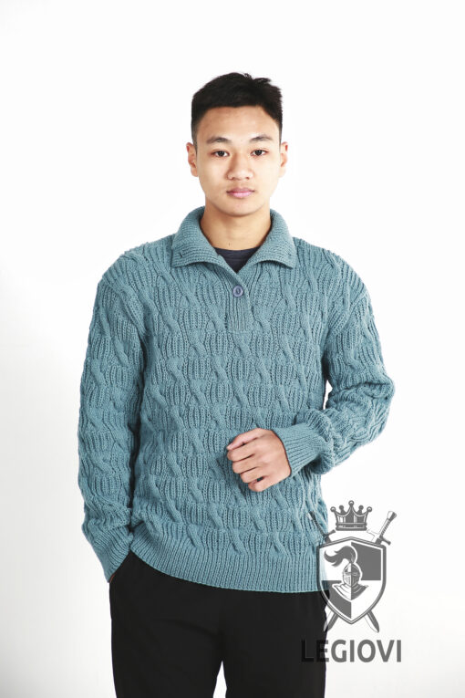 Hand-knitted men's V-neck sweater with button detailing