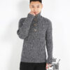 Hand-knitted half-button sweater with classic cable knit pattern