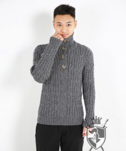 Hand-knitted half-button sweater with classic cable knit pattern