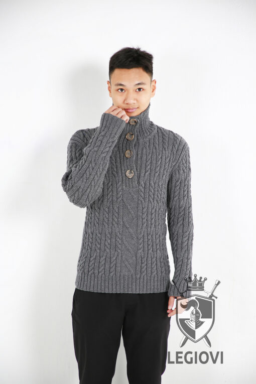 Hand-knitted half-button sweater with classic cable knit pattern