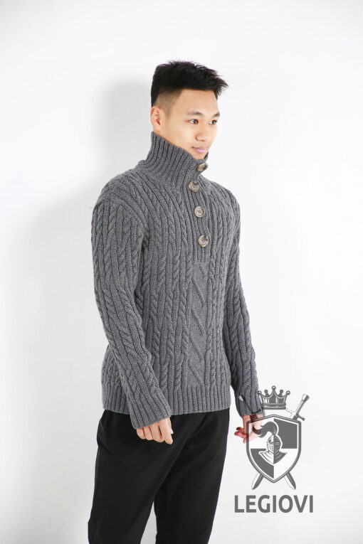 Hand-knitted half-button sweater with classic cable knit pattern