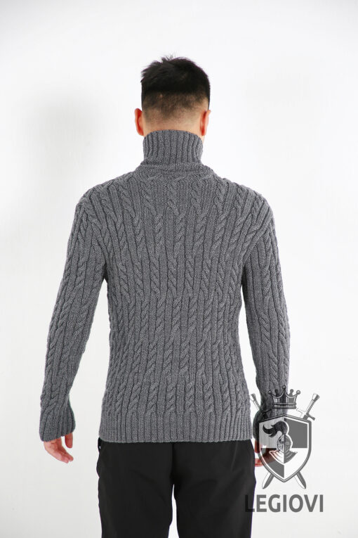 Hand-knitted half-button sweater with classic cable knit pattern