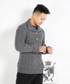 Hand-knitted half-button sweater with classic cable knit pattern