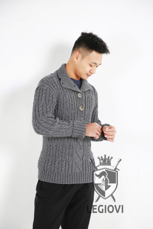 Hand-knitted half-button sweater with classic cable knit pattern