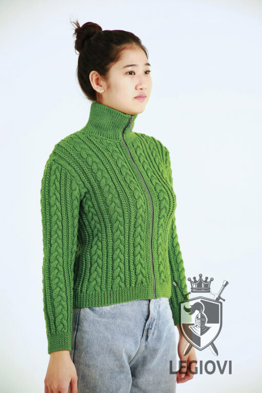 Hand-knitted wool cardigan with cable knit pattern