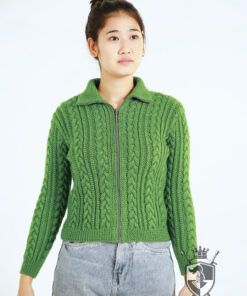 Hand-knitted wool cardigan with cable knit pattern