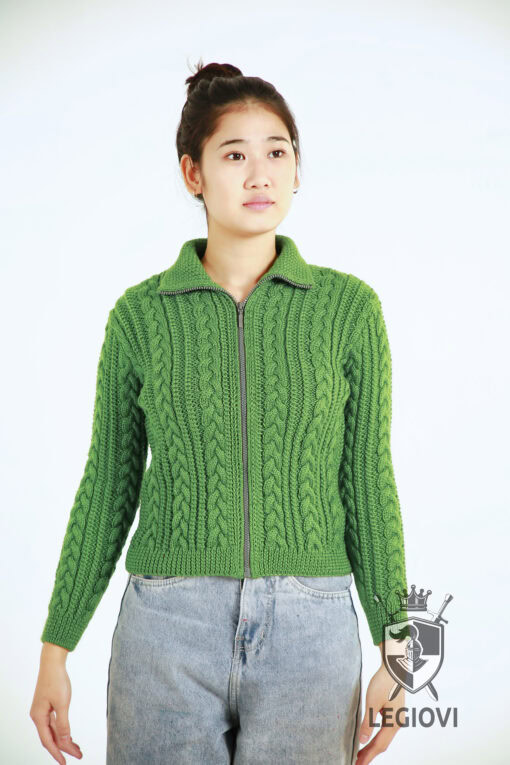 Hand-knitted wool cardigan with cable knit pattern